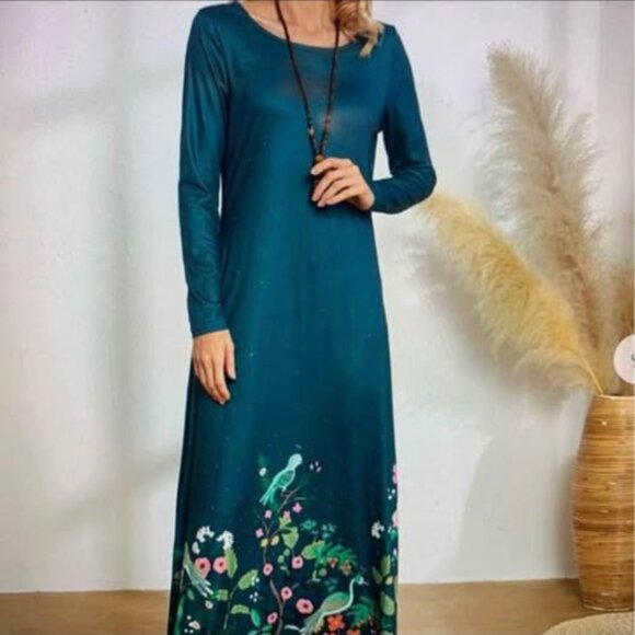 Ladies Large Maxi dress Green with floral & bird print - Picture 9 of 12